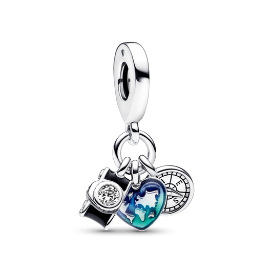 Fotoaparatas, širdis ir kompasas - trigubas kabantis pakabukas - Pandora Lietuva