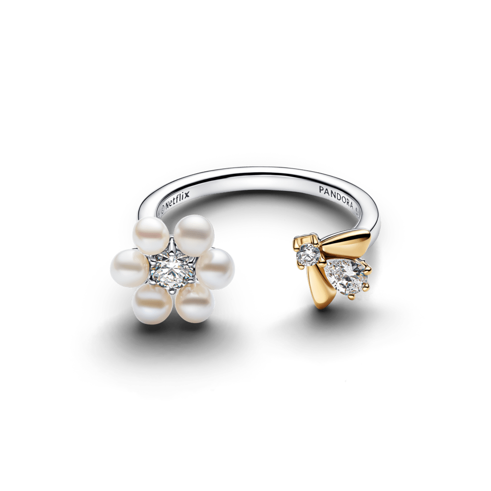 Atviras „Bridžertonų“ žiedas su apdorotu dirbtinai išaugintu gėlavandeniu perlu „Bitė ir gėlė“ - Pandora Lietuva