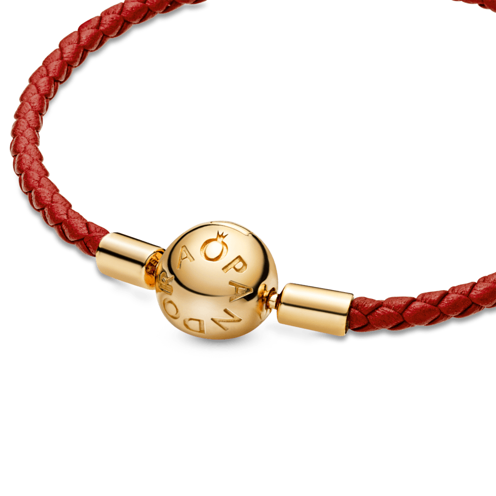 Raudona pinta odinė apyrankė su apvaliu užsegimu - Pandora Lietuva