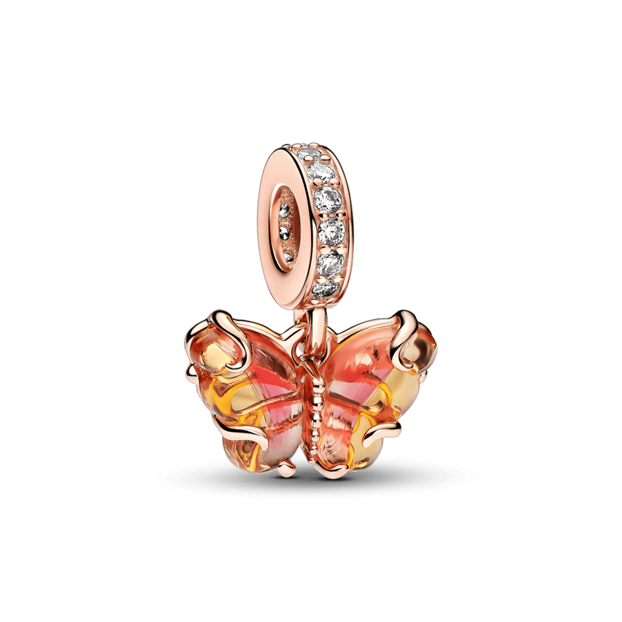 Rožinės ir geltonos spalvos Murano stiklo talismanas „Drugelis“ - Pandora Lietuva