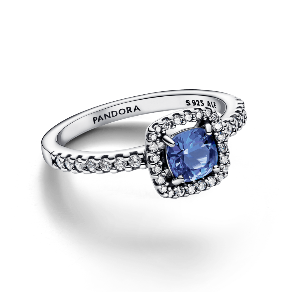Spindintis mėlynos kvadratinės aureolės žiedas - Pandora Lietuva
