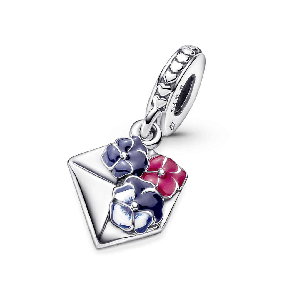 Laiško ir gėlės našlaitės kabantis karoliukas - Pandora Lietuva