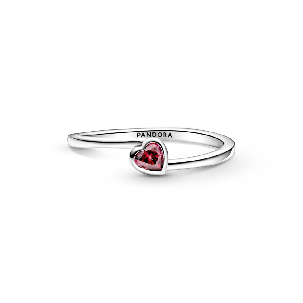 Raudonas pasviręs soliterio žiedas su širdele - Pandora LT