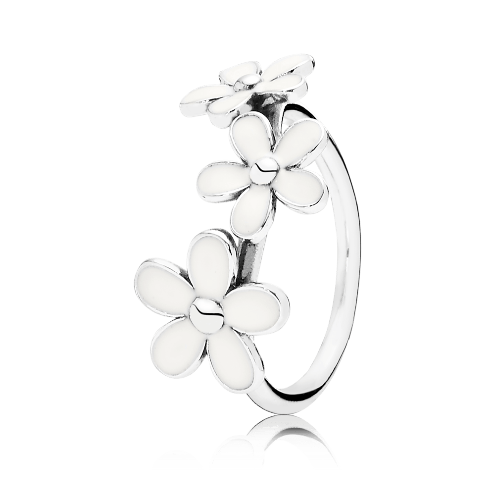 Sidabrinis žiedas su baltu emaliu dekoruotomis ramunėmis - Pandora Lietuva