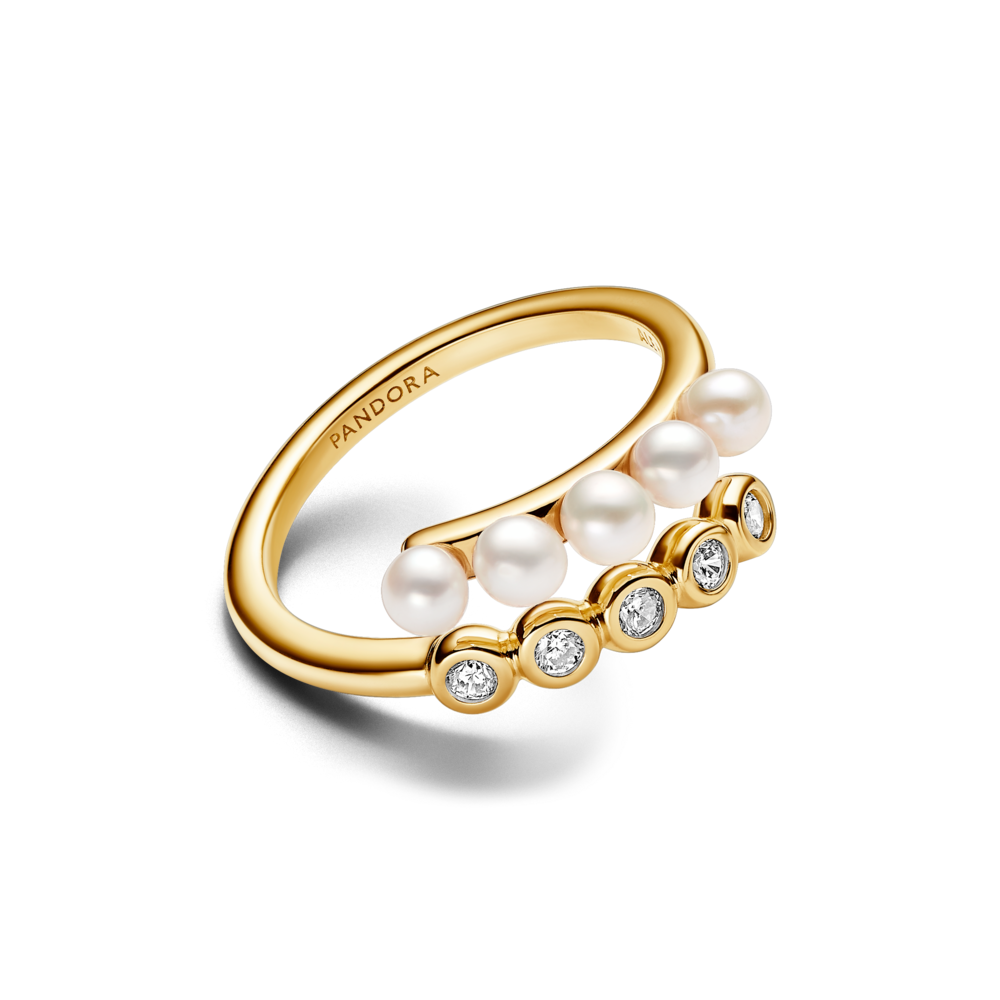 Atviras žiedas su apdorotais, dirbtiniu būdu išaugintais gėlavandeniais perlais ir akmenėliais