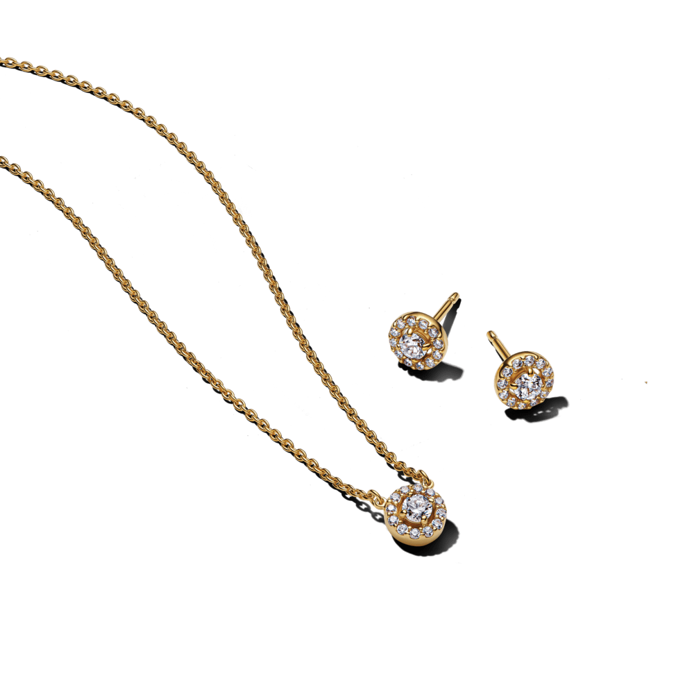 Dovanų rinkinys: Vėrinys su apskritu pavé stiliaus aureolės pakabučiu & Apvalūs įsmeigiami pavé stiliaus aureolės auskarai - Pandora Lietuva