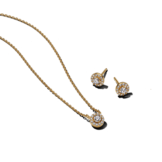 Dovanų rinkinys: Vėrinys su apskritu pavé stiliaus aureolės pakabučiu & Apvalūs įsmeigiami pavé stiliaus aureolės auskarai - Pandora Lietuva