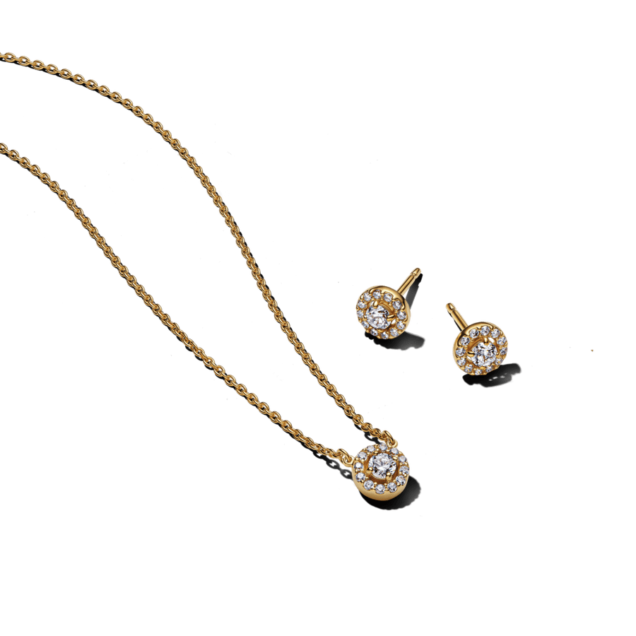 Dovanų rinkinys: Vėrinys su apskritu pavé stiliaus aureolės pakabučiu & Apvalūs įsmeigiami pavé stiliaus aureolės auskarai - Pandora Lietuva