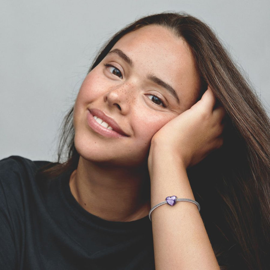 Metalinis violetinis širdelės karoliukas - Pandora Lietuva