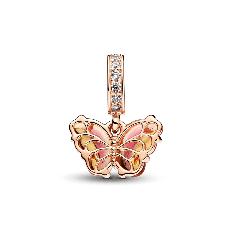 Rožinės ir geltonos spalvos Murano stiklo talismanas „Drugelis“ - Pandora Lietuva