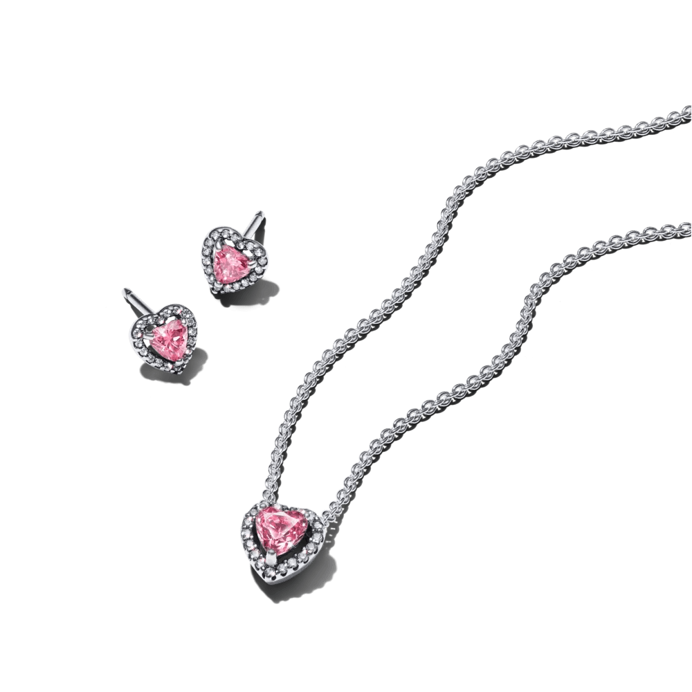 Rožinės spindinčios širdelės vėrinio ir auskarų dovanų rinkinys - Pandora Lietuva