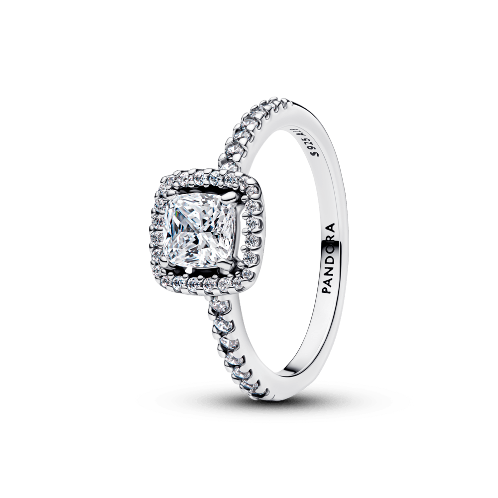Spindintis žiedas su kvadrato formos aureole - Pandora Lietuva