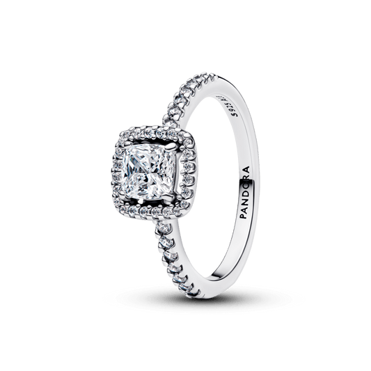 Spindintis žiedas su kvadrato formos aureole - Pandora Lietuva