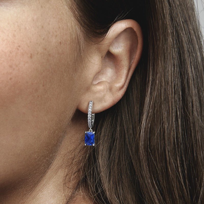 Blue Rectangular Sparkling Hoop Earrings - Pandora LT