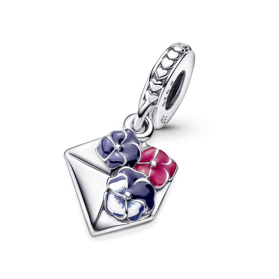 Laiško ir gėlės našlaitės kabantis karoliukas - Pandora Lietuva