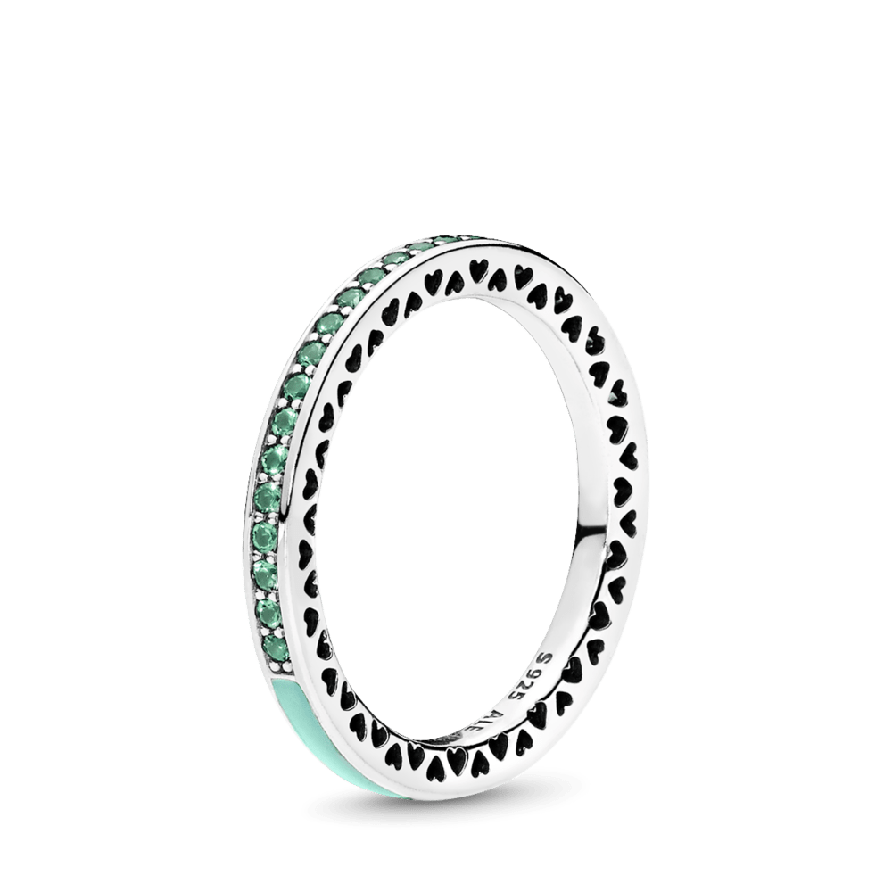 Mėtų spalvos spindinčių širdelių Pandora žiedas - Pandora Lietuva