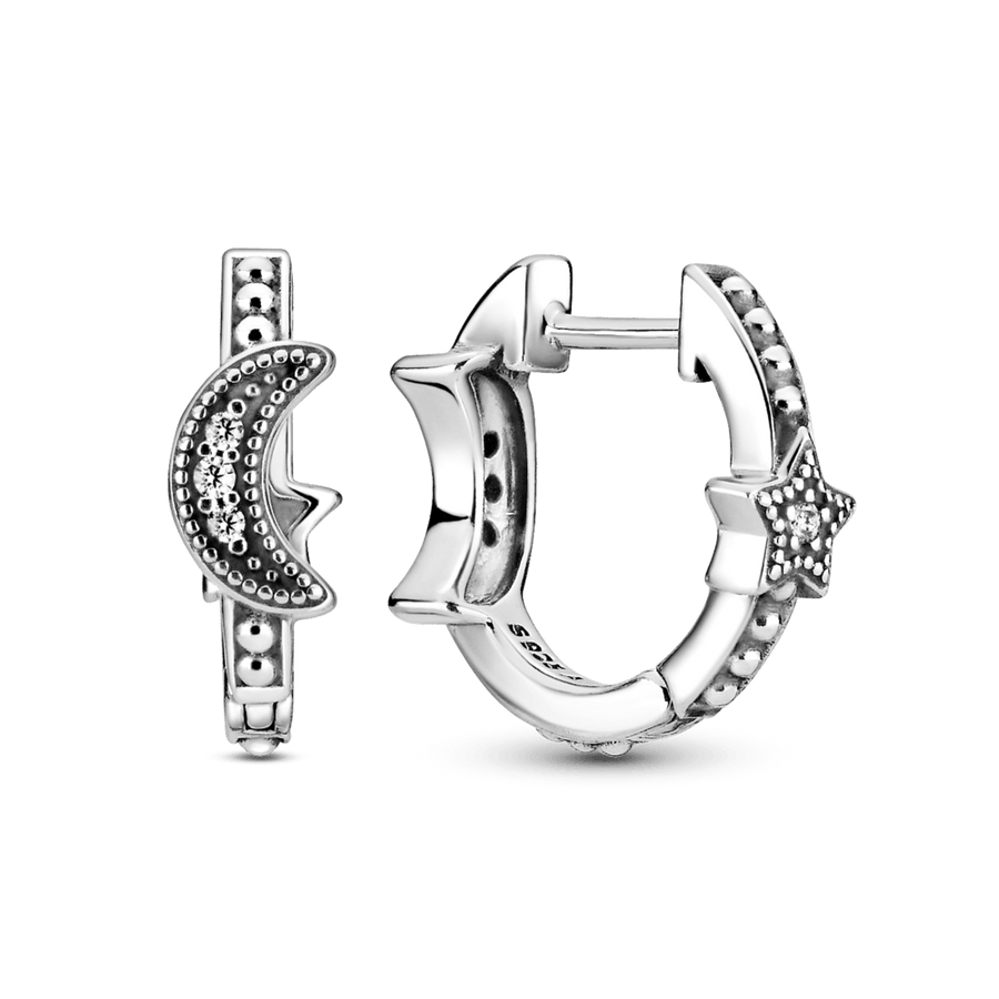 Pusmėnulio ir žvaigždžių kabantys auskarai - Pandora LT