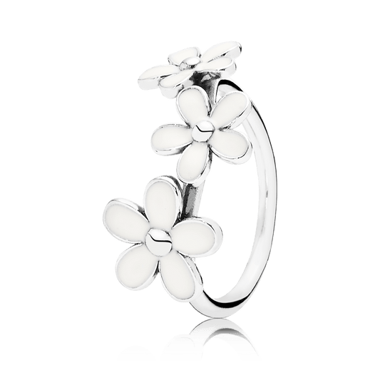 Sidabrinis žiedas su baltu emaliu dekoruotomis ramunėmis - Pandora Lietuva