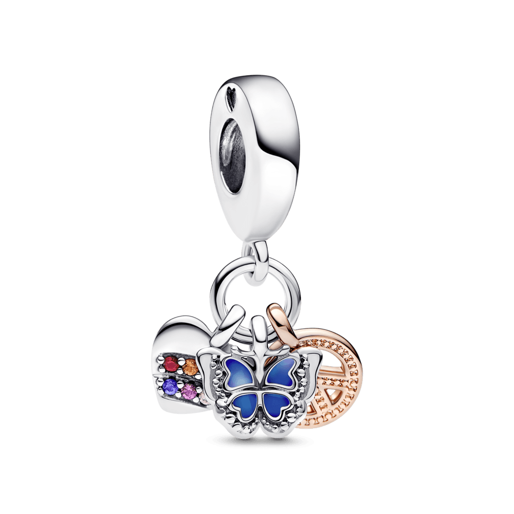 Two-Tone Rainbow Heart, Butterfly & Peace Triple Dangle Charm pakabukas - Pandora Lietuva