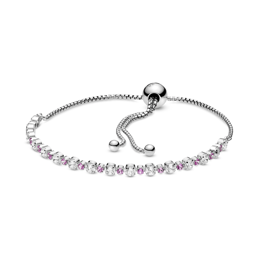 Žėrinčiais rausvais ir skaidriais akmenėliais dekoruota apyrankė su slankiuoju užsegimu - Pandora LT