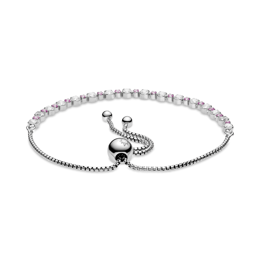 Žėrinčiais rausvais ir skaidriais akmenėliais dekoruota apyrankė su slankiuoju užsegimu - Pandora LT